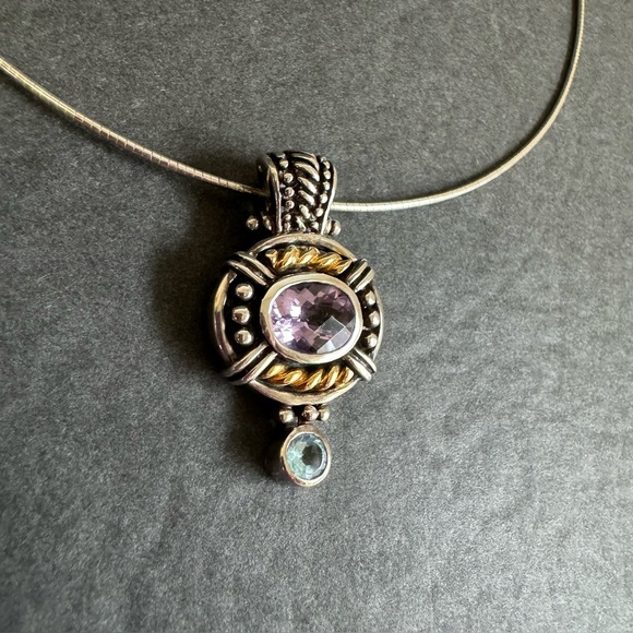 Samuel Benham 14K Gold Sterling Silver Amethyst Necklace BJC Blue Topaz Enhancer - Picture 4 of 13